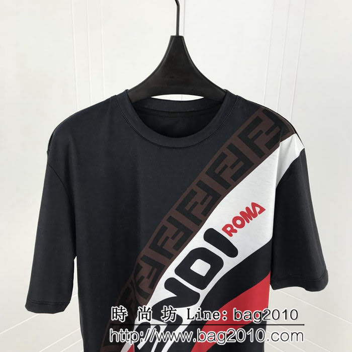 FENDI芬迪 19SS新款 mania系列 拼色logo定位印花 雙面絲光純棉 男款復古T恤 ydi2403